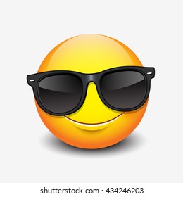 Cute smiling emoticon wearing black sunglasses, emoji, smiley - vector illustration