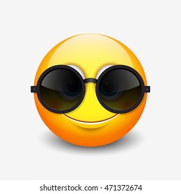 Cute Smiling Emoticon Wearing Black Sunglasses, Emoji, Smiley - Vector Illustration