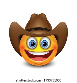 Cute smiling emoticon wearing cowboy hat, emoji - vector illustration