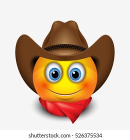 Cute smiling emoticon wearing cowboy hat, emoji, smiley - vector illustration