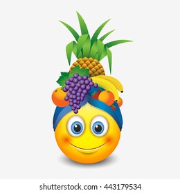 Cute Smiling Emoticon Wearing Fruit Hat, Emoji, Smiley - Vector Illustration