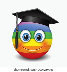 Cute smiling emoticon wearing mortar board, emoji, smiley - vector illustration
