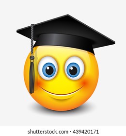 Cute smiling emoticon wearing mortar board, , emoji, smiley - vector illustration