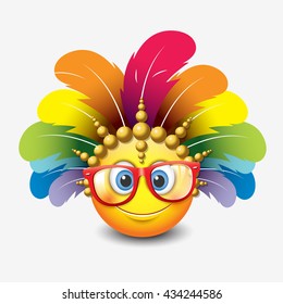 Cute smiling emoticon wearing red eyeglasses, and carnival headdress emoji, smiley - vector illustration