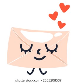 Cute smiling envelope love with closed eyes, feeling love tender face expression isolated on white background. Romantic funny character, emoji for Valentine's day.