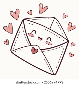 A cute, smiling envelope surrounded by hearts, symbolizing love and affection.