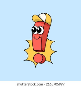 Cute smiling exclamation mark wearing hat character mascot design. Adorable old school retro cartoon style vector outline illustration