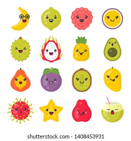 Cute smiling exotic fruits. Kawaii tropical fruit characters. Isolated colorful vector icon set