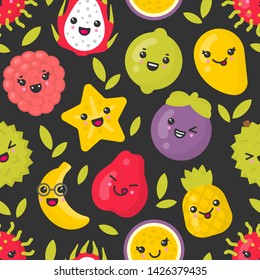 Cute smiling exotic fruits, vector seamless pattern on dark background. Best for textile, backdrop, wrapping paper