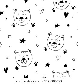 Cute smiling face bear. Seamless pattern. Funny forest animals. Vector background with stars, hearts, footprints. Hand drawn black and white illustration. Kids character. Scandinavian flat cartoon.