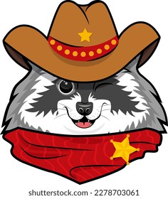 Cute smiling face of cowboy sheriff raccoon. Flat vector illustration