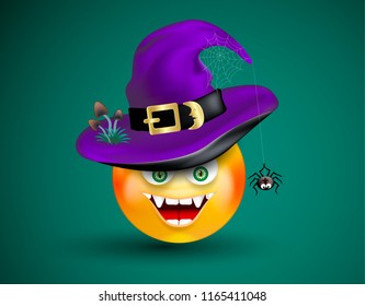 Cute smiling face emoticon viciously laughing wearing witch purple hat with scary decor of spider on cobweb and poisonous mushrooms on dark green background. Halloween icon.