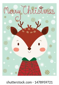 Cute smiling face reindeer look so sweet on pastel blue sky background with glitter golden and white snowflakes. Vector design beautiful Xmas wallpaper or card in vertical with text Merry Christmas.