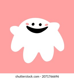 Fantasma gorda sonriente y lindo en un fondo rosado. Ilustración vectorial con carácter fantasma aislado en el fondo.