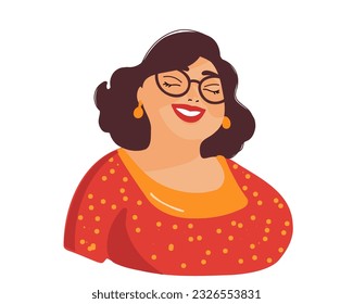 cute smiling fat woman in glasses, vector illustration on a white background