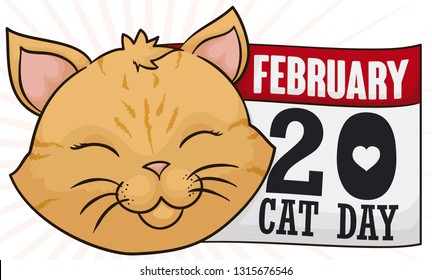 Cute, smiling female cat face with a reminder loose-leaf calendar ready to celebrate Cat Day in February 20.