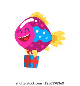 Cute smiling fish with gift box, little sea creature character, marine theme design element can be used for kids party invitation, greeting card vector Illustration