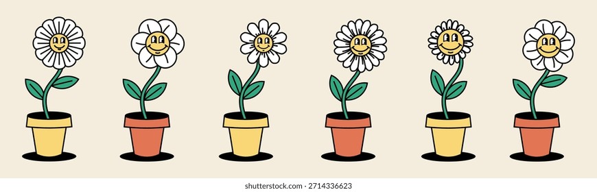 Cute smiling flower characters in pots with cartoon style. Simple shapes and warm colors create playful mood