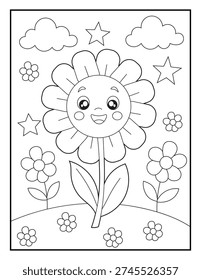 Cute Smiling Flower Coloring Page for Kids. Simple Cartoon Sunflower with Face in Garden Landscape