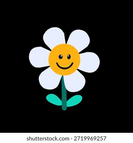 Cute smiling flower in flat illustration style for decorative design. Ideal for kids content, stickers, greeting cards, education, and cheerful visuals.