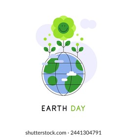 Cute smiling flowers growing and blooming on Earth. Happy Earth Day. Eco friendly concept. Simple flat illustration. Vector file.