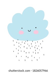 Cute Smiling Fluffy Cloud Vector illustration. Wall Art with Kawaii Style Blue Cloud Isolated on a White Background. Lovely Nursery Art Ideal for Decoration, Poster. Baby Shower Card.