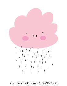 Cute Smiling Fluffy Cloud Vector illustration. Wall Art with Kawaii Style Pink Cloud Isolated on a White Background. Lovely Nursery Art Ideal for Decoration, Poster. Baby Shower Card.