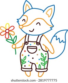 Cute smiling fox character holding a colorful daisy flower, wearing patterned overalls with leaf prints in minimalist vector line art style on a white background.