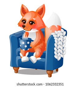 Cute smiling fox drinks hot tea in a soft chair isolated on a white background. Vector cartoon close-up illustration.