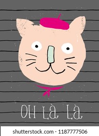 Cute Smiling French Cat Vector Illustration. Grunge Infantile Hand Drawn Design. Old Like. Gray Background with Tiny Black Vertical Lines. Pink Beret and Scarf. White Hand Written Oh la la French Text