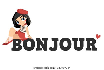 Cute smiling french girl sits on word "bonjour". Vector illustration isolated on white background.