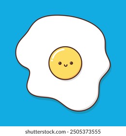 Icono sonriente lindo de la línea del huevo frito aislado en fondo azul. Desayuno saludable. Ilustración vectorial