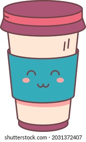 Cute smiling and friendly coffee cup. Kawaii hand drawn cartoon character isolated on white background vector illustration
