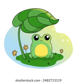 Cute smiling frog baby under a leaf. Kawaii character. A wonderful color illustration in a cartoon style for print design, kids wear, book design and postcards.