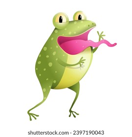 Cute smiling frog greeting and standing with tongue sticking out. Funny quirky toad character, colorful pet illustration for children. Isolated vector clip art cartoon in watercolor style for kids.