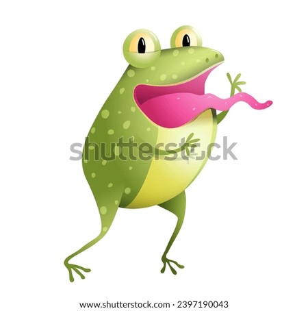 Cute smiling frog greeting and standing with tongue sticking out. Funny quirky toad character, colorful pet illustration for children. Isolated vector clip art cartoon in watercolor style for kids.