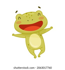 Cute smiling frog happily jumping. Green funny amphibian toad character cartoon vector illustration