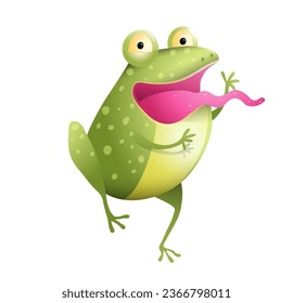 Cute smiling frog jumping or dancing with tongue sticking out. Funny quirky toad character, colorful pet illustration for kids. Isolated vector clip art cartoon in watercolor style for children.