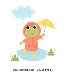 Cute smiling frog in a raincoat and rain boots with umbrella in nature. Funny green frog character in a rain. Kids card. Vector illustration in flat style on white background. 