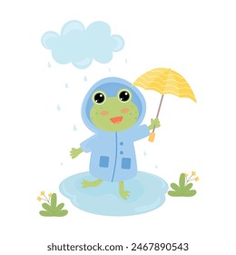 Cute smiling frog in a raincoat with umbrella in nature. Funny green frog character in a rain. Vector illustration in flat style on white background.