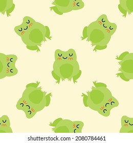 Ranas sonrientes y lindas con mejillas rosadas. Pan verde adorado. Caracteres de animales vectores patrón sin fisuras de dibujo de sapo anfibio.Diseño infantil para ropa de bebé, ropa de cama, textiles, papel impreso, papel pintado.