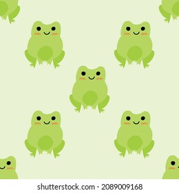 Cute smiling frogs with pink cheeks. Enamored green toads. Vector animal characters seamless pattern of amphibian toad drawing.Childish design for baby clothes, bedding, textiles, print, wallpaper.