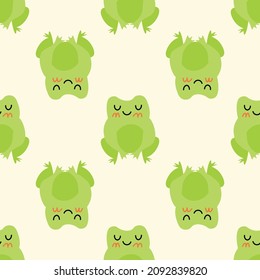 Cute smiling frogs with pink cheeks. Enamored green toads. Vector animal characters seamless pattern of amphibian toad drawing.Childish design for baby clothes, bedding, textiles, print, wallpaper.