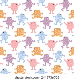 Cute smiling frogs seamless pattern. Cartoon character print in a simple children's style. Vector illustration in a bright palette on a white background. Suitable for children's fabrics and wallpaper.