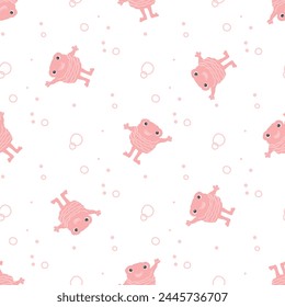Cute smiling frogs seamless pattern. Cartoon character print in a simple children's style. Vector illustration of pink color on a white background.