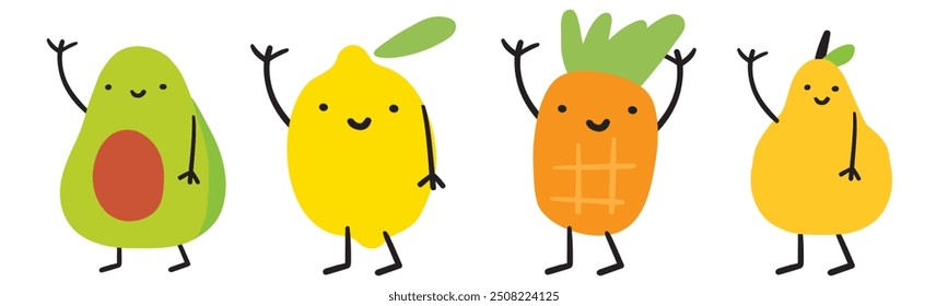 Cute smiling fruits. Avocado, lemon, pineapple, pear. Flat design. Hand drawn illustration on white background.