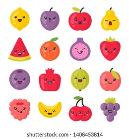Cute smiling fruits. Kawaii fruit characters. Isolated colorful vector icon set
