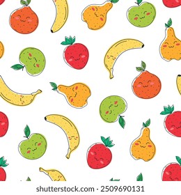 Cute smiling fruits seamless pattern. Line fruits orange, strawberry, pear, apple and banana. Vector illustration