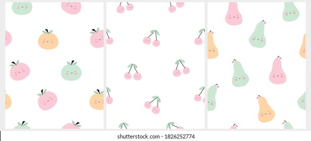 Cute Smiling Fruits Seamless Vector Patterns. Kawaii Style Cherries, Pears and Apples Isolated on a White Background. Lovely Nursery Art Ideal for Fabric, Textile, Wrapping Paper. Funny Fruits Print.