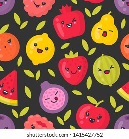 Cute smiling fruits, vector seamless pattern on dark background. Best for textile, backdrop, wrapping paper